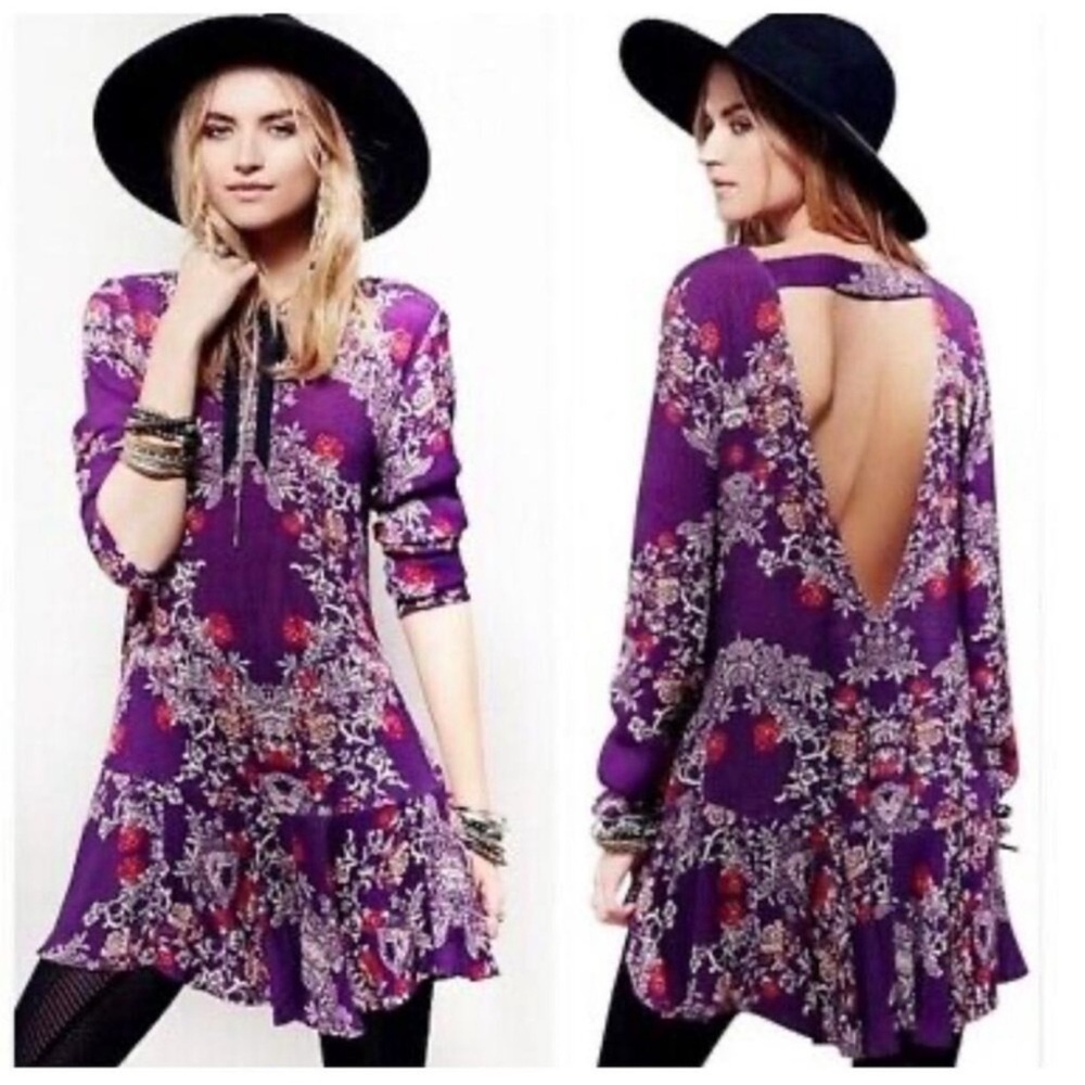 FREE PEOPLE | Purple‎ Smooth Talker Floral Print Open Back Tunic Top Sz. Small